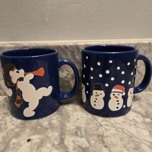 Waechtersbach Christmas Holiday Mugs, Blue, Bears With Horns, Snowmen Snowflakes